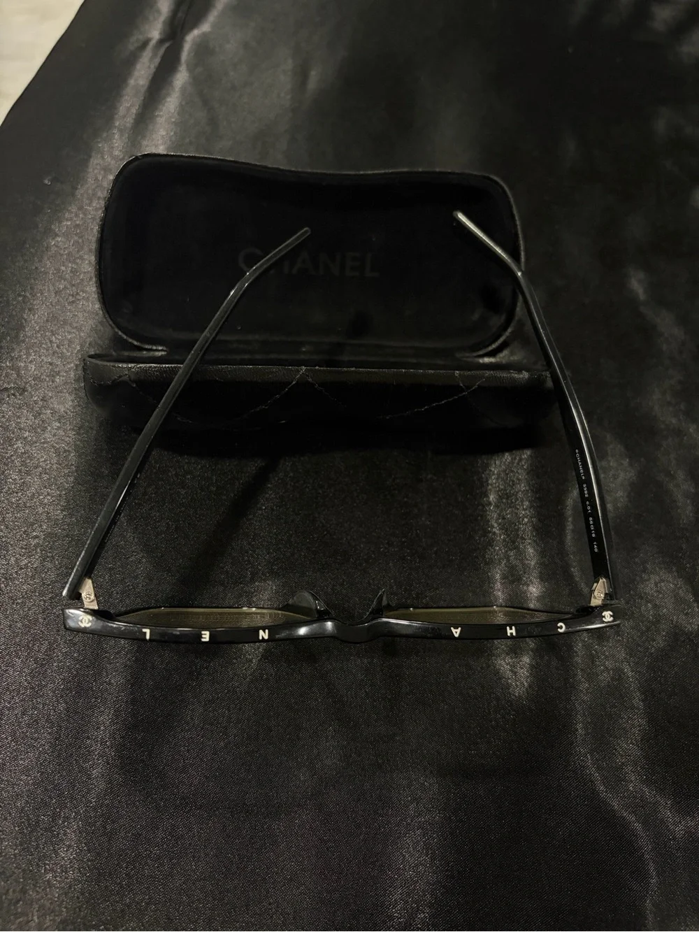 CHANEL Black Quilted Leather Glasses with Silver CC Emblem
